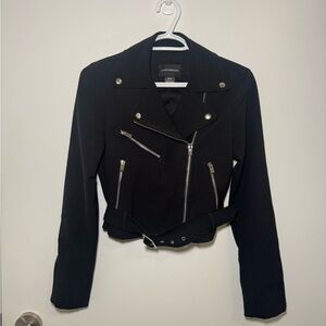 Club Monaco Black Structured Moto Jacket XS | Silver Zip Cropped Biker Jacket